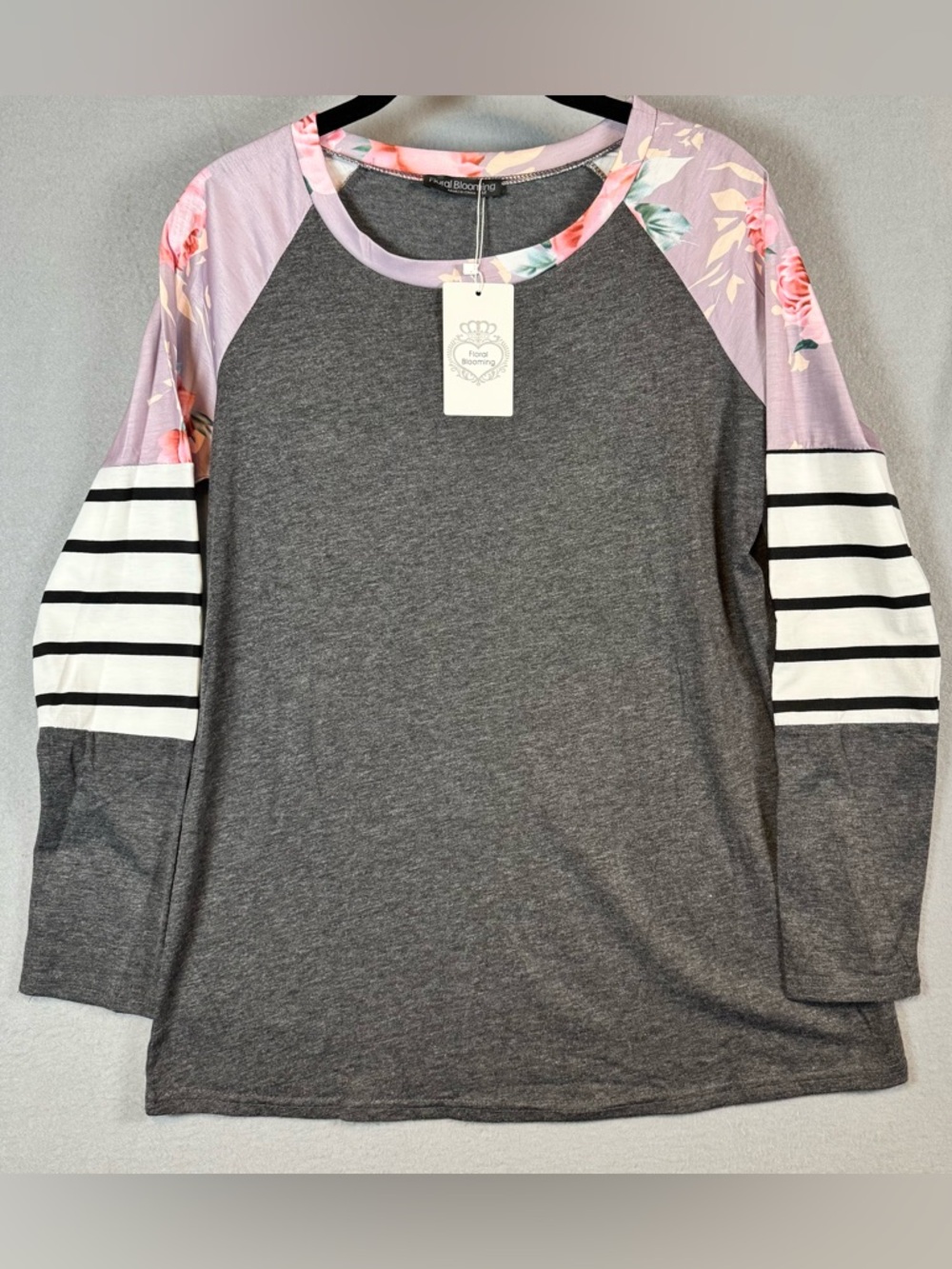 Floral Blooming Gray Raglan Sleeve Top - NWT, Medium